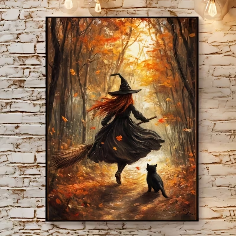 Home Decor Foto - Retro Halloween Herfst Heks Op Bezemsteel
