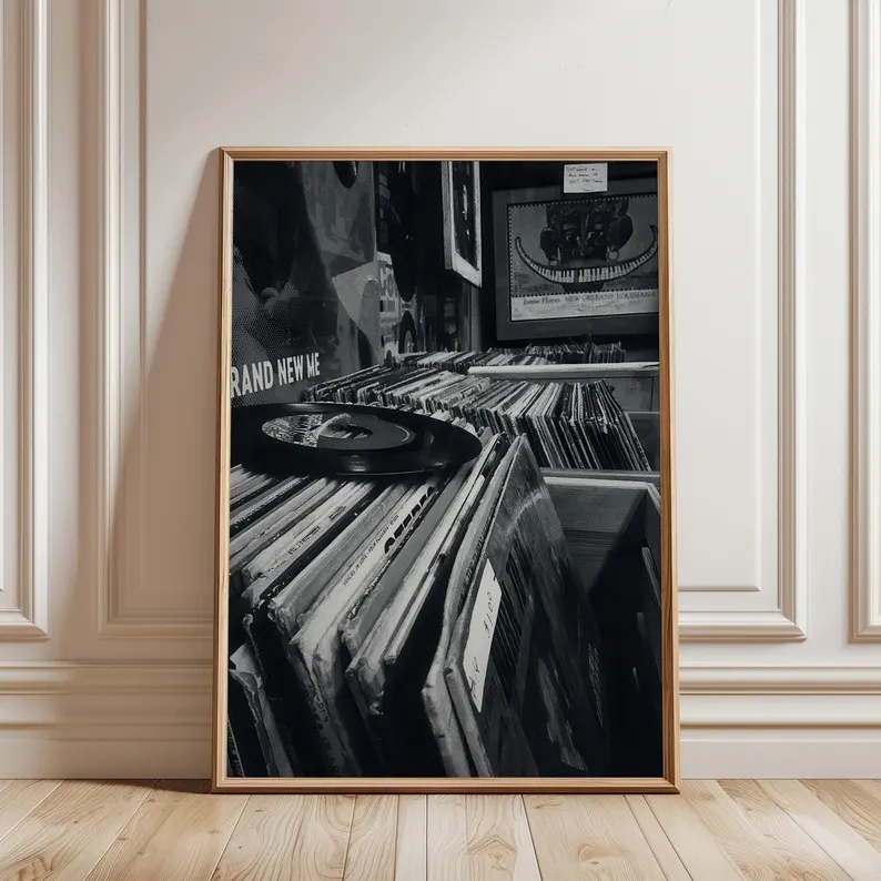 Home Decor White - Moderne vinylplatenwinkel zwart wit foto muurkunst
