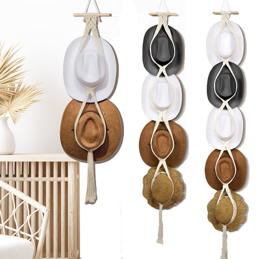 Macrame Wall Hanging - Boheemse macrame hoedenhanger, handgeweven wandmontage opbergrek