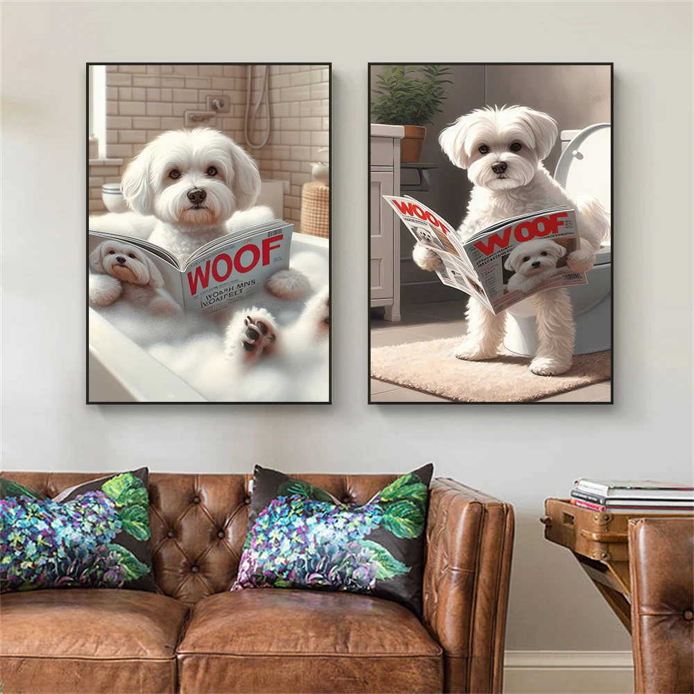 Home Decor Magazine - Grappige badkamer Maltese hond toilet kijkend